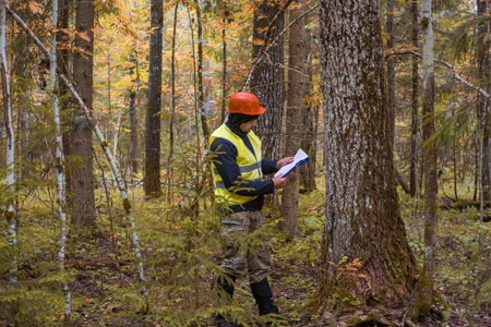 An ecologist and forest engineer works in the forest.の写真素材