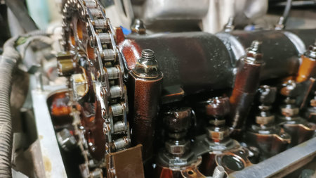 Disassembled car engine with camshaft and valves.