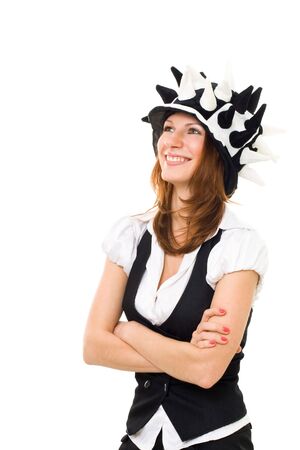 Happy confident smiling woman wearing party hat isolated on white front viewの写真素材