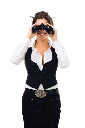 Business woman looking into binocular and smiling front view isolated on whiteの写真素材