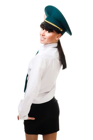 Positive woman - customs control worker turn back head and smileの写真素材