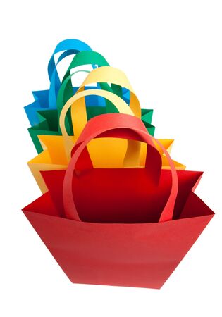 Four different colors shopping bags blue green yellow and redの写真素材