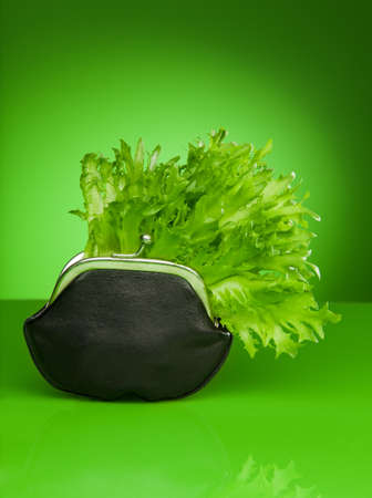 old style wallet with lettuce inside as a symbol of freshness and new saving