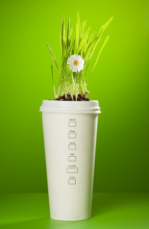 coffee mug with grass and chamomile growing in itの写真素材