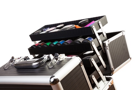 insides of professional makeup artist case, such as lipsticks, eyes shades, moisturizers and so on