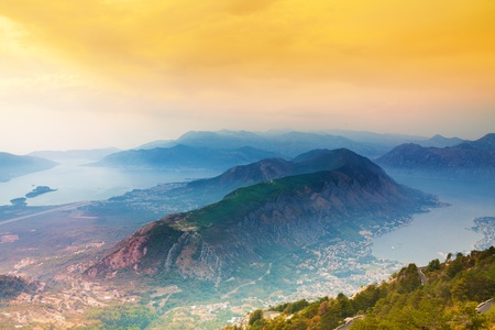View from the high point of the Kotor bay, town and mountainsの写真素材