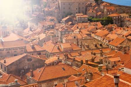 Red tile roofs of old town Dubrovnik on sunny dayの写真素材