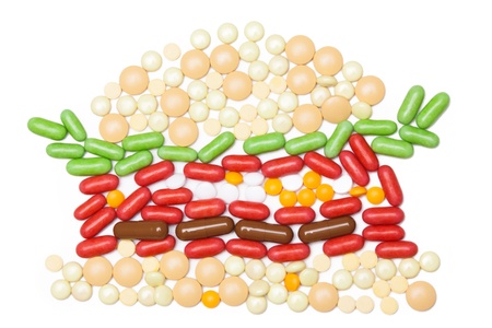 Hamburger made of pills and tablets put together like mosaic