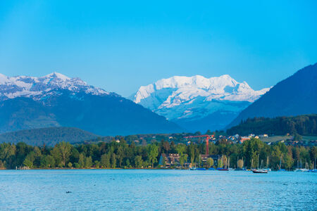 Alps and Thun lake near Spiez town in Switzerland, Europe
