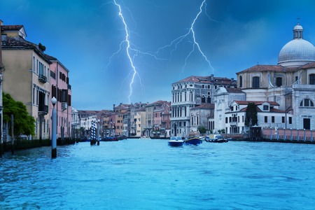 lightning thunder storm in Venice view from Grand canalの写真素材