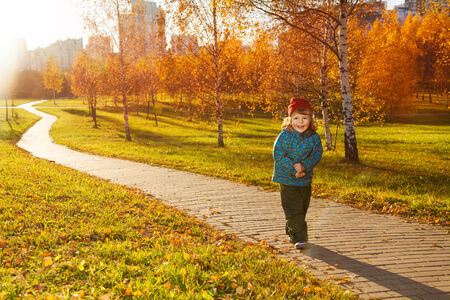 Happy three years old little boy walking on the road in the autumn parkの写真素材
