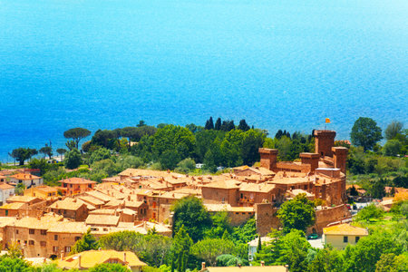 Bolsena village and castle in summer in Italyのeditorial素材