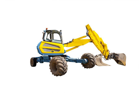 One yellow excavator on the white backgroundの写真素材