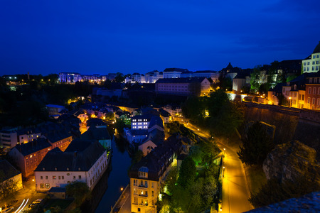 Night view of Luxembourg on Alzette riverの写真素材