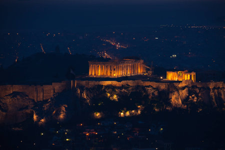Athens in darkness with lights, Greeceの写真素材