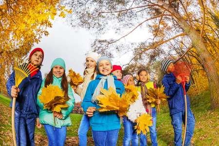 Row of happy kids with rakes and leaves bunches