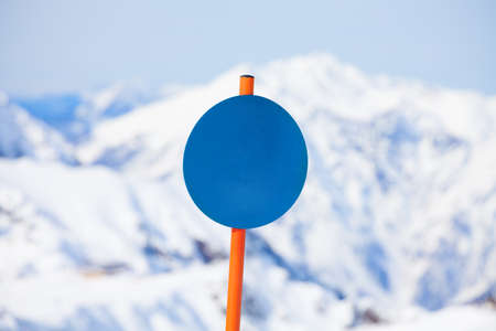 Close-up of round shaped attention sign in winterの写真素材