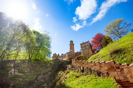View of Lowenburg castle on the hill and stairsのeditorial素材