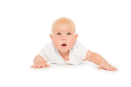 Looking cute small baby wearing white bodysuitの写真素材