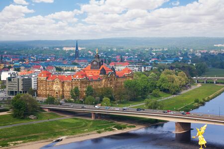Carolabrucke bridge and Saxon State Chancellery or Saxon State Chamber Dresden panorama from above, Germany Europeの写真素材
