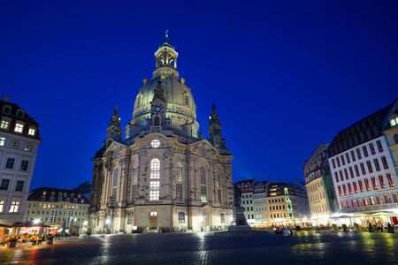 Frauenkirche or Church of Our Lady cathedral and square in Dresden at nightの写真素材