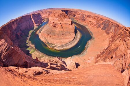 Fisheye view of Horse shoe canyon Colorado river, Canyonlands National Park, USA during sunny summer dayの写真素材