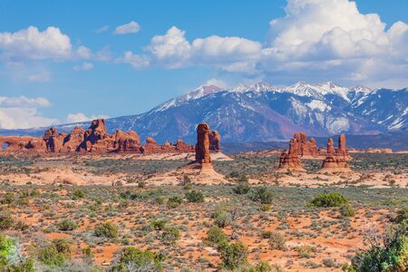 Beautiful view of Mt Waas and Arches park plateau near Arches National Park in USA during summer sunny dayの写真素材