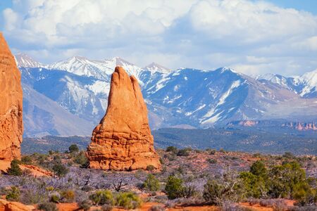 Mt Waas and Arches park plateau near Arches National Park in summer, USA during  daytimeの写真素材