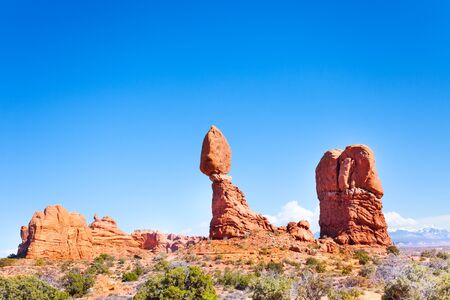 Balancing rock in Arches National Park, USA during sunny summer dayの写真素材