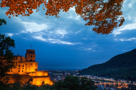 Night view of Schloss Heidelberg and cityscape in Heidelberg, Germanyの写真素材
