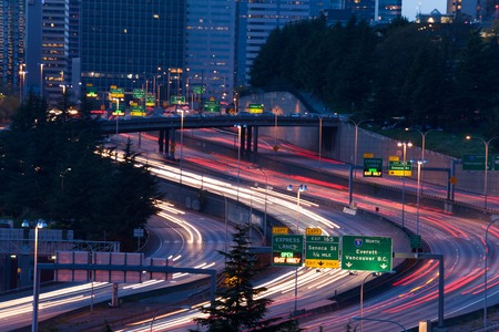 View of highway i5 in Seattle during night time, Washington USAの写真素材