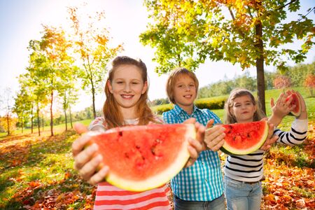 Happy friends holding watermelon and eating while standing in forest during autumn dayの写真素材
