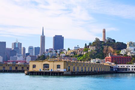 Pier and San Francisco downtown view from the waters of the bayの写真素材