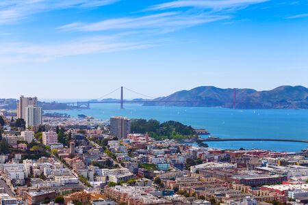 Panorama of San Francisco city bay and view of Golden Gate bridge