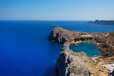 Beautiful bay near the town of Lindos, view from the Acropolis, Greeceの写真素材