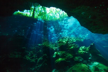 Entrance area of Azul cenote underwater caveの写真素材