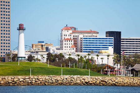Cityscape of Long Beach with lighthouse and palmsの写真素材