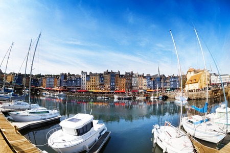 Panoramic view of Honfleur harbor with yachtsの写真素材