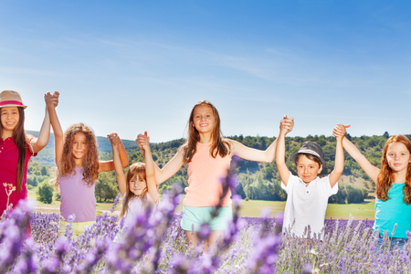 Happy kids holding hands up in lavender fieldの写真素材