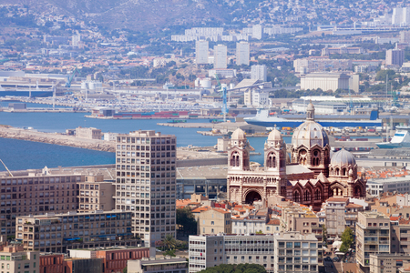 Marseille architecture with cathedral and Old Portの写真素材