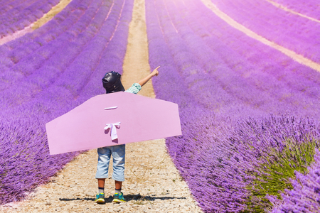 Boy wearing pilot costume plays in lavender fieldの写真素材