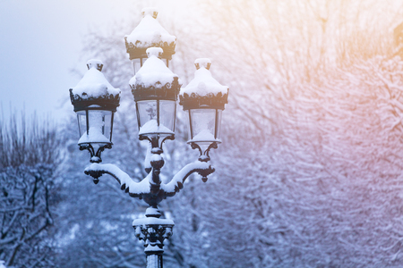 Winter landscape with lamp post under the snowの写真素材
