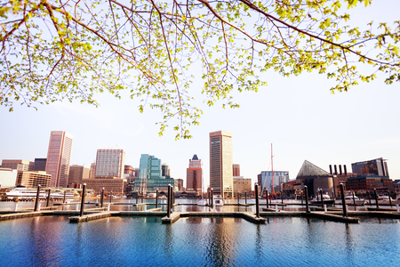 Inner Harbor and Baltimore skyline, in spring, USAの写真素材