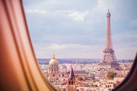 Paris and Eiffel tower view from plane windowの写真素材