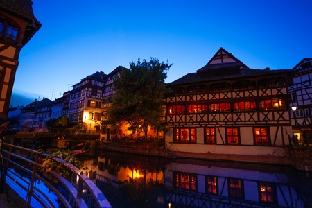 Houses along Ill river bank at sunset, Strasbourgの写真素材