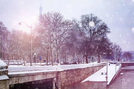 Flooded Sein river bank in Paris after heavy snowの写真素材