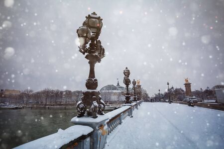 Alexander III bridge covered with snow in Parisの写真素材