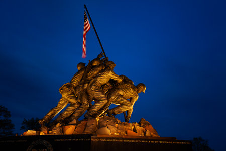ARLINGTON, VA - APRIL 27, 2018: Iwo Jima Memorial in Washington. The Memorial to honor the Marines who have died defending the US since 1775. Night time photo.のeditorial素材