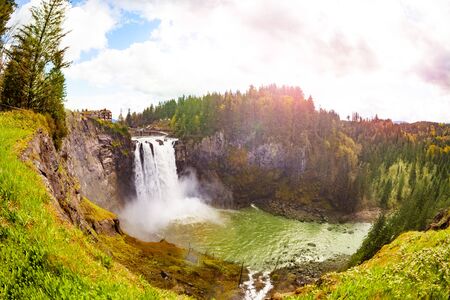 Panorama of Snoqualmie Falls is a 268-foot waterfall in the northwest United States near Seattle,...