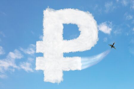 Russian ruble currency buy price growth and volatility concept with sign element made of clouds, jet plane pull cloud upの写真素材